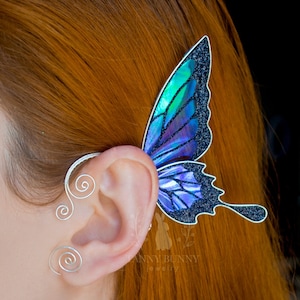 Blue butterfly ear cuff no piercing, Fairy wing earring