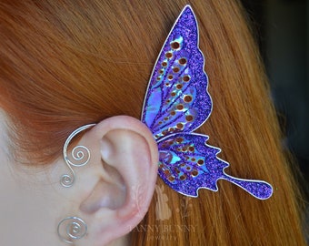 Purple butterfly ear cuff no piercing, Fairy wing earring