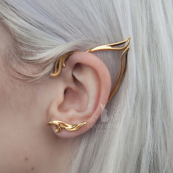 Elf ear cuff silver, gold plated 18K, Elven ear wrap no piercing, Fairy earring