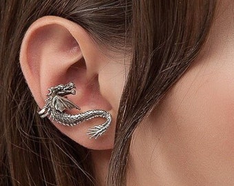 Dragon ear cuff, Silver dragon earring, cartilage earcuff no piercing
