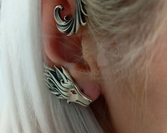 Wolf Ear Cuff Silver, Big Ear Cuff With Piercing, Single Wolf Ear Cuff Silver, Big Ear Cuff With Piercing, Single
