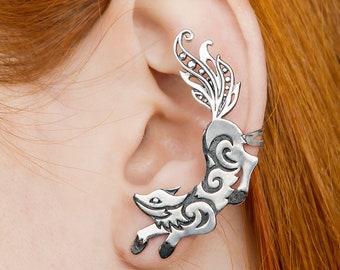Fox ear cuff with piercing, Silver fox earring jewelry