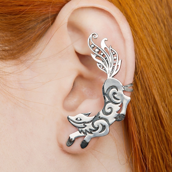 Fox ear cuff with piercing, Silver fox earring jewelry