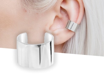 Silver ring ear cuff no piercing, basic wide ear cuff