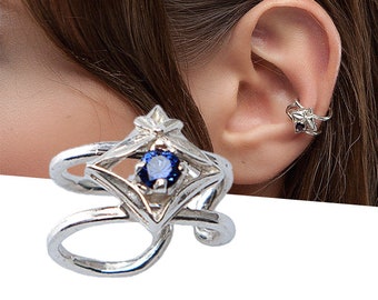 Blue Ear manchet sterling zilver, Oor manchet geen piercing met blauw kristal