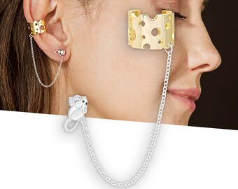 Cheese and mouse ear cuff with chain silver, gold plated ear cuff earring with studs