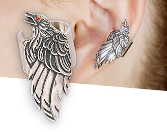 Raven ear cuff no piercing, Gothic crow earring silver