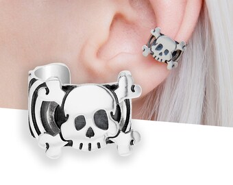 Scull ear cuff no piercing, Silver scull earring, gothic jewelry