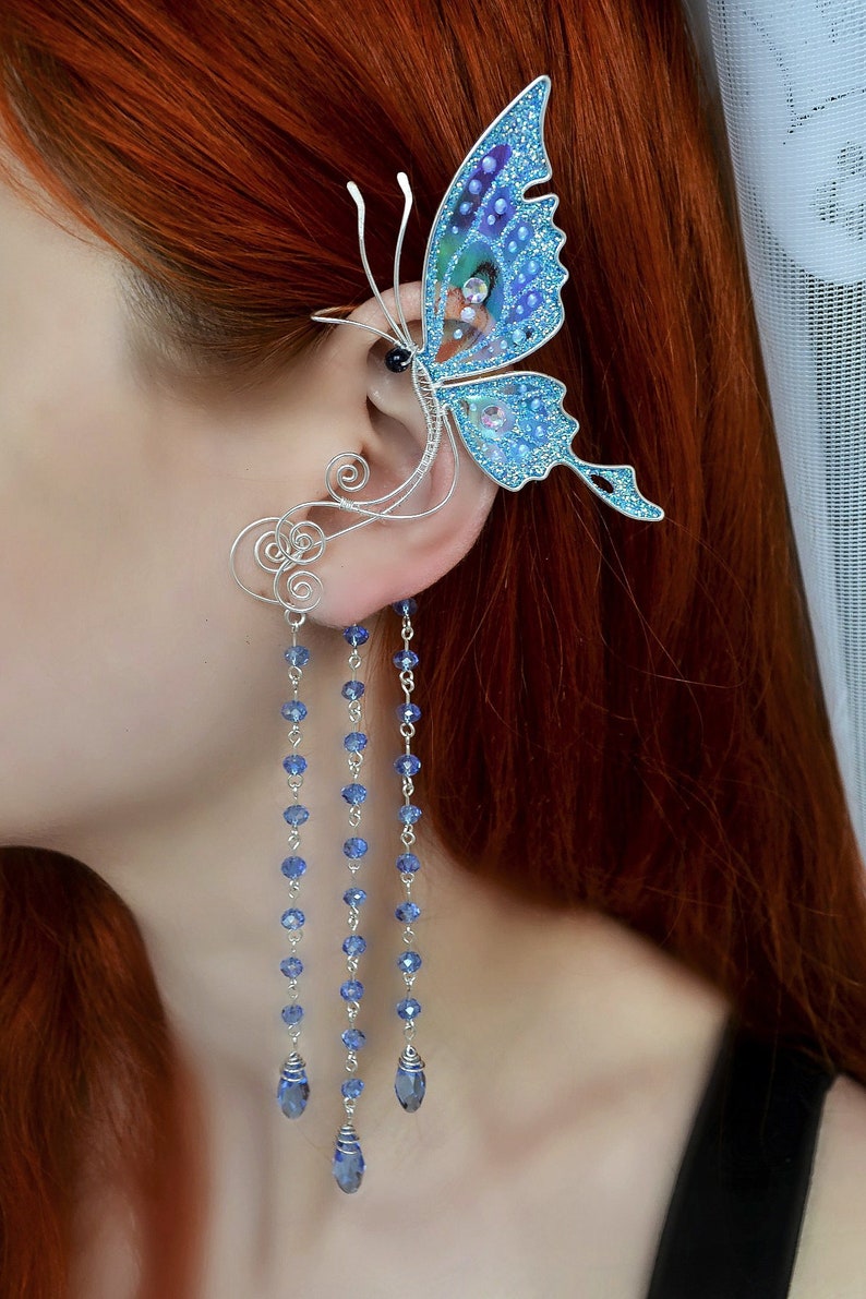 Butterfly ear cuff earring no piercing, fairy ear wrap Blue