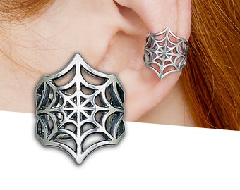 Spiderweb ear cuff no piercing, Spider ear cuff earring silver