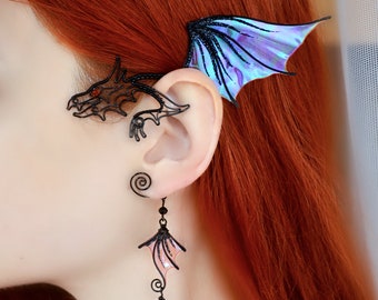 Drachen-Ohr-Manschette baumelnd * Ohrwickel ohne Piercing * Drachen-Ohrring-Schmuck