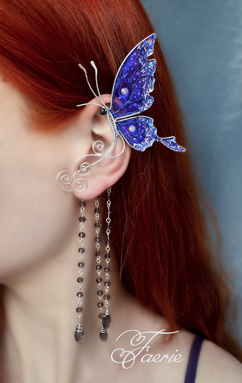 Butterfly ear cuff earring no piercing, fairy ear wrap Purple