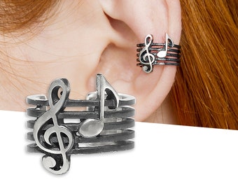 Treble clef ear cuff no piercing, Silver ear cuff cartilage earring, Music earcuff jewelry