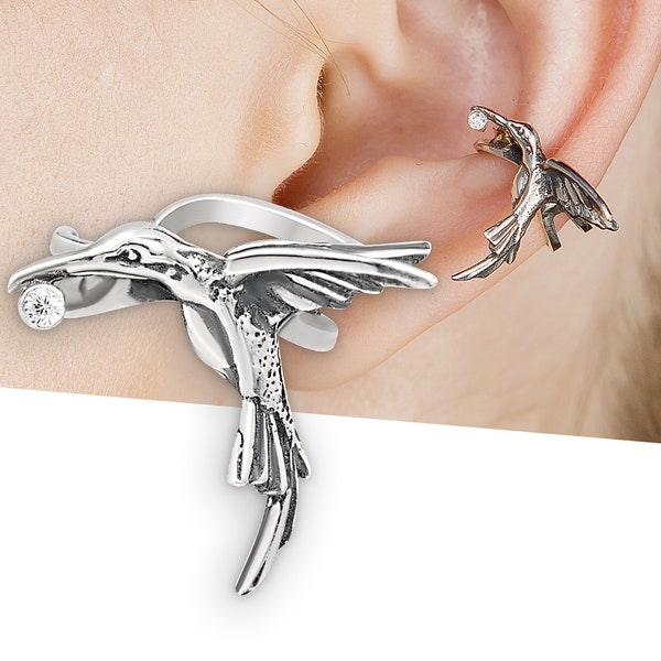 Humming bird ear cuff silver, No piercing ear cuff earring