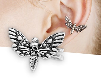 Death's Head Hawk-moth ear cuff no piercing, Scull butterfly earring silver