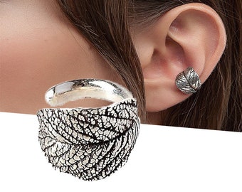 Silver leaf ear cuff no piercing, leaf cartilage earring silver