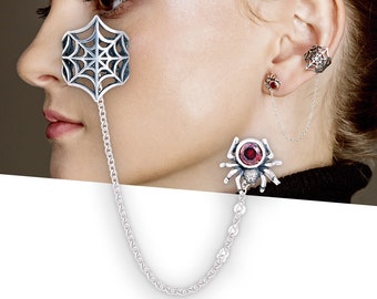 Spider web ear cuff with chain silver, Spider stud earrings red