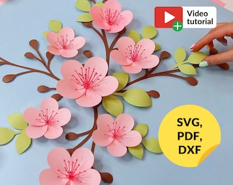 Cherry Blossom SVG, Paper Flower Template Bundle + Video Tutorial, SVG Cut Files for Cricut, PDF, Dxf, 3d Flower Svg, Paper Flower Kit
