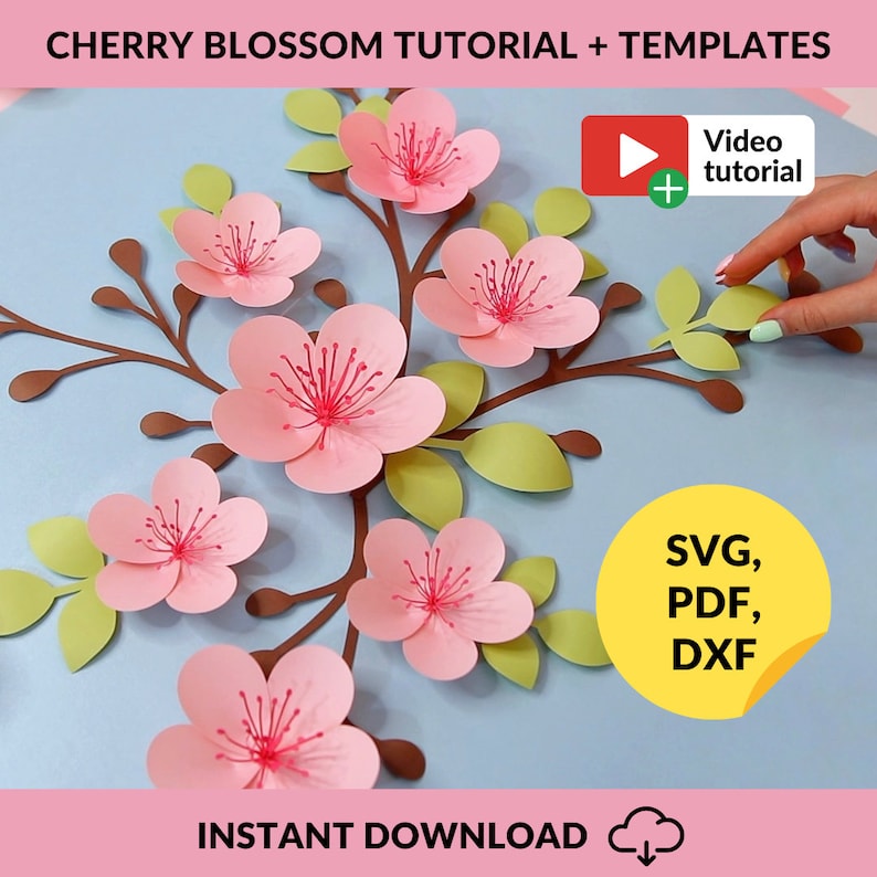 Cherry Blossom SVG, Paper Flower Template Bundle + Video Tutorial, SVG Cut Files for Cricut, PDF, Dxf, 3d Flower Svg, Paper Flower Kit image 1
