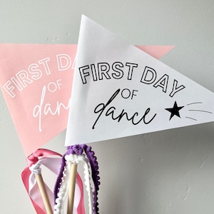 May include: Two pink and white triangular flags with the text "First Day of Dance" in black lettering. One flag has a white star and a shooting star design. The flags are attached to wooden sticks with pink, white, and purple ribbon streamers.