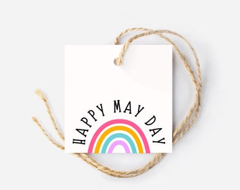 Happy May Day Tags, vierkante tags, Rainbow May Day, afdrukbare May Day Gift Tag, May Day Basket, Goodie Bag Tag, Floral Tag, Popcorn Tag