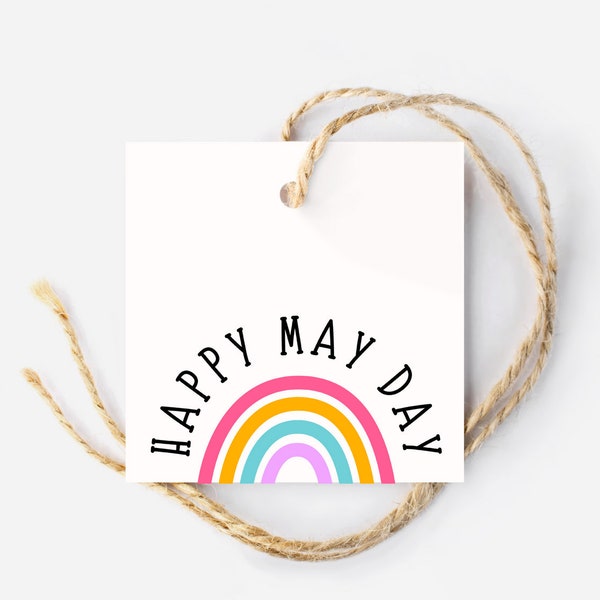 Happy May Day Tags, Square Tags, Rainbow May Day, Printable May Day Gift Tag, May Day Basket, Goodie Bag Tag, Floral Tag, Popcorn Tag