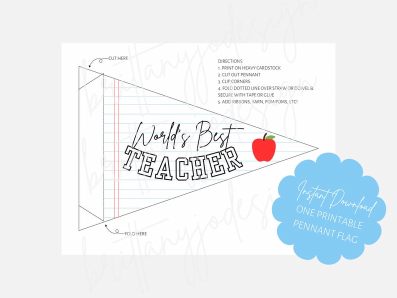 K&ouml;nnte beinhalten: Druckbarer Wimpelflagge mit dem Text "World's Best Teacher" in schwarzer Schrift auf wei&szlig;em Hintergrund mit roten und schwarzen Linien. Der Wimpel hat eine rote Apfelgrafik und Anweisungen zur Montage.