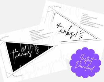 Könnte beinhalten: Druckbare schwarz-weiße Wimpel-Banner mit dem Wort "Danke!" in einer handschriftlichen Schriftart. Das Banner ist so konzipiert, dass es ausgeschnitten und entlang der gestrichelten Linie gefaltet werden kann. Anweisungen zum Zusammenbauen des Banners sind enthalten.