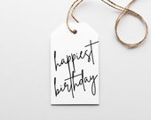 Happiest Birthday Printable Gift Tag, Minimalist Birthday Tag, Printable Hang Tag, Bakers Tag, Black and White, Happy Birthday