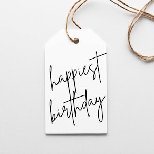 Happiest Birthday Printable Gift Tag, Minimalist Birthday Tag, Printable Hang Tag, Bakers Tag, Black and White, Happy Birthday