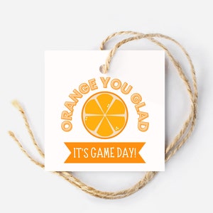 May include: Orange you glad it's game day! A white gift tag with orange text and a graphic of an orange slice.