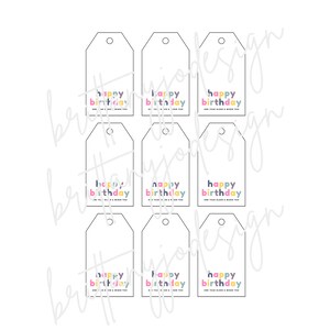 May include: Nine blank gift tags with a white background and a black outline. Each tag has the text "happy birthday" in colorful letters.