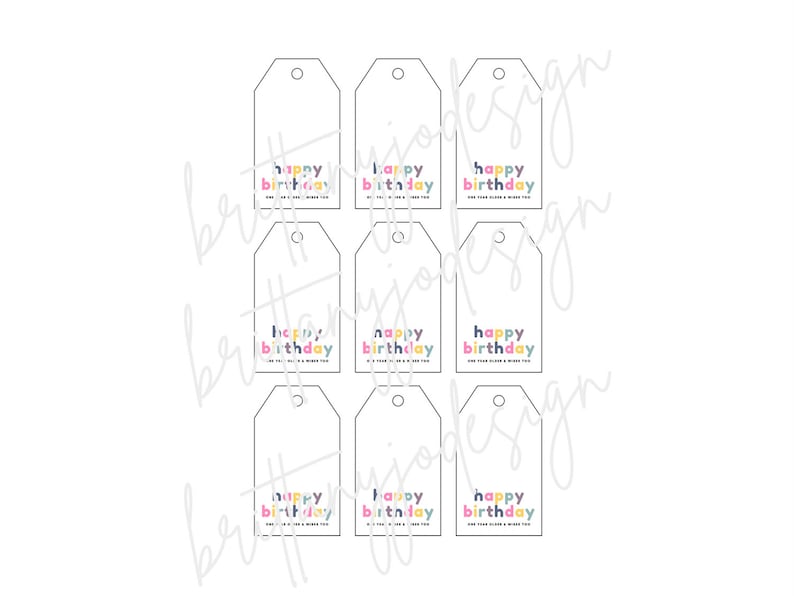 May include: Nine blank gift tags with a white background and a black outline. Each tag has the text "happy birthday" in colorful letters.