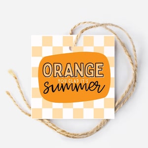 Orange You Glad it’s Summer Geschenkanhänger, oranges Tag, quadratisches Geschenkanhänger, Hallo Sommer, Goodie Bag Tag, druckbare Geschenke, Sommerpflegepaket