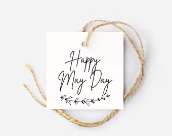 Minimalist Happy May Day Printable Tags, Square Tags, May Day Tags, Black and White, May Day Gift Tag, Hang Tag, Bakers Tag