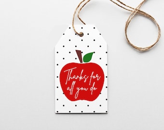 Thanks For All You Do Gift Tags, Apple Tag, Teacher Appreciation Gift, Teacher Thank You Tags, Gift Tag, Hang Tag, Bakers Tag, Printable