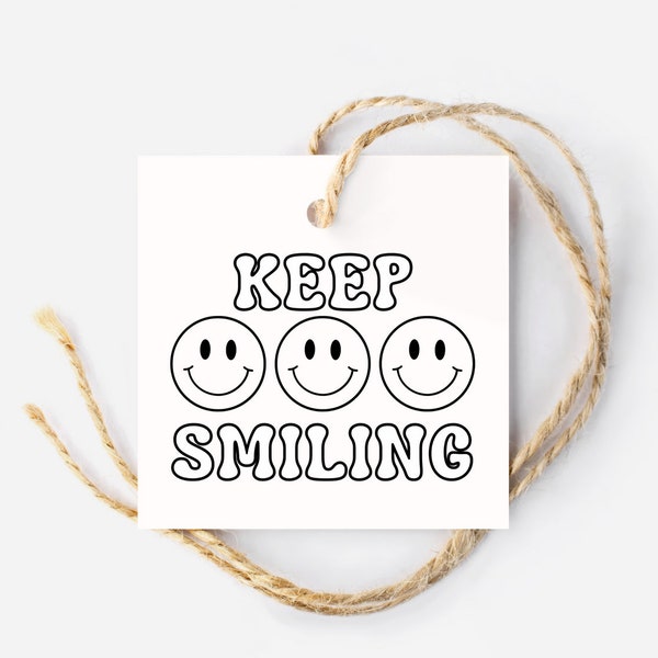 Retro Keep Smiling Gift Tags, Smiley Tag, Black and White, Printable Square Tag, Care Package Gift Tag, Happy Mail, Hang Tag