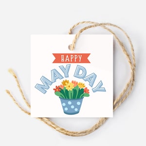 Etiquetas de feliz día de mayo, etiquetas cuadradas, etiqueta de regalo imprimible del día de mayo, cesta del día de mayo, etiqueta de bolsa de regalos, etiqueta floral, etiqueta de palomitas de maíz