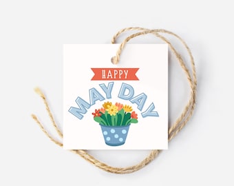 Etiquetas de feliz día de mayo, etiquetas cuadradas, etiqueta de regalo imprimible del día de mayo, cesta del día de mayo, etiqueta de bolsa de regalos, etiqueta floral, etiqueta de palomitas de maíz