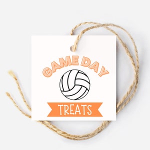 Tag smakołyków na dzień gry w siatkówkę, przekąska po meczu, pomarańczowe kolory drużyny, tag siatkówki, sporty uniwersyteckie, sporty dla dzieci, tag kwadratowy, tag wiszący
