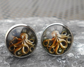 Octopus Krake Cabochon Ohrstecker 16 mm oder 18 mm silber maritim edelstahl