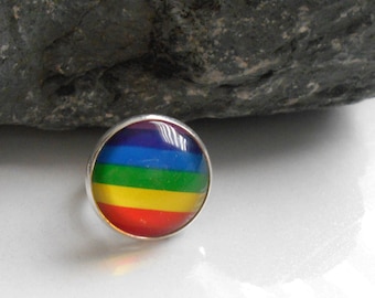 Regenbogen  Statement  Cabochon Rund Ring 20 mm Glas versilbert , One Size,