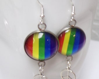 Regenbogen Peace Cabochon Ohrhänger 20 mm Edelstahl 925 Pride