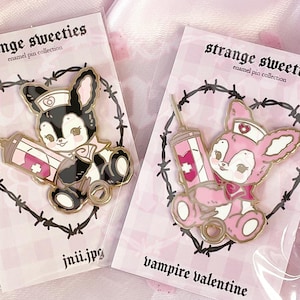 Creepy Cute Syringe Bunny Pin | Kitsch Retro Nurse Rabbit as Hard Enamel Accessory