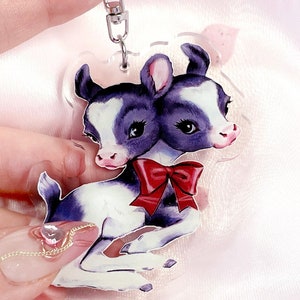 Two Headed Calf Keychain | Creepy Cute Oddity Art on Acrylic Charm Accessory