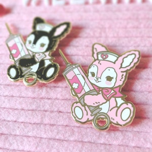 Creepy Cute Syringe Bunny Pin | Kitsch Retro Nurse Rabbit as Hard Enamel Accessory