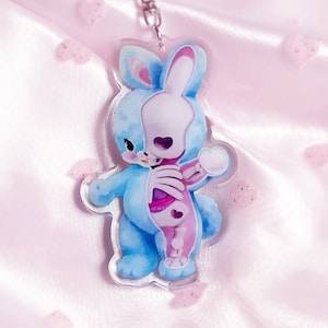 Creepy Cute Skeleton Bunny Acrylic Charm | Rabbit Oddity Art on Keychain Accessory