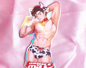 Anime Boy Pinup Hot Guy Sticker | Cute and Sexy Retro Art as Holographic Decal | Whole Milk