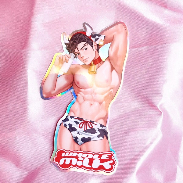Anime Boy Pinup Hot Guy Sticker | Cute and Sexy Retro Art as Holographic Decal | Whole Milk