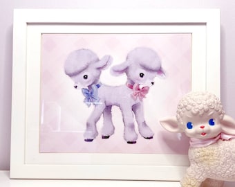 Creepy Cute Print Lamb Twins | Retro Kitsch Oddity Art as Quirky Home Decor Poster